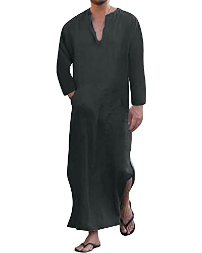 YAOHUOLE Herren Leinenkaftan Langarm Lose Fit Thobe Herren Übergroßes Kleid Dark Gray 2XL von YAOHUOLE