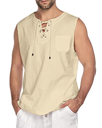 YAOHUOLE Herren Mittelalter Hemd Ärmelloses Viking Kostüm Schnürhemd Herren Leinenhemden Herren Khaki 3XL von YAOHUOLE