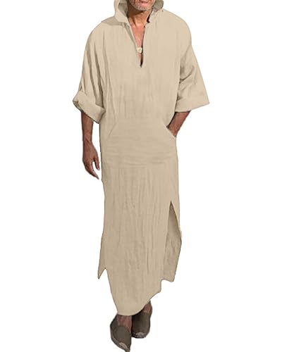 YAOHUOLE Herren Natur Lange Ärmel Caftan Baumwolle Thobe V-Ausschnitt Nachthemd Khaki 3XL von YAOHUOLE