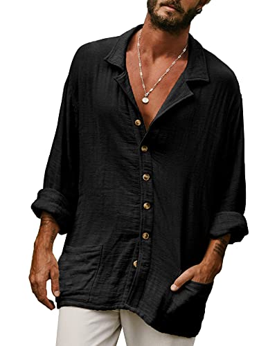 YAOHUOLE Leinen Hemden Herren Herren Sommerhemd Langarm Freizeithemd Henley Hemd Herren Schwarz M von YAOHUOLE