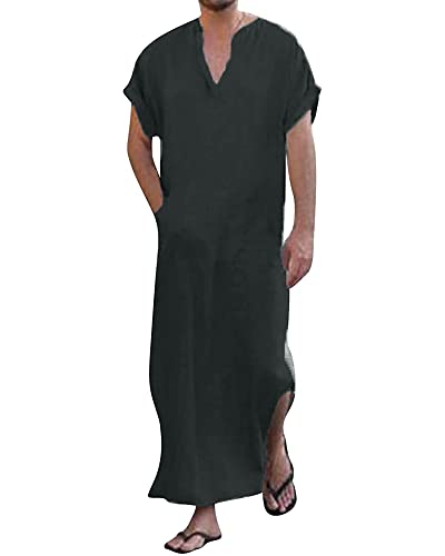 YAOHUOLE Herren Thobe Kaftan Herren Lang Leinen Kaftan Herren Kurzarm Dark Gray M von YAOHUOLE