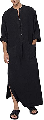 YAOHUOLE Herren Thobe Langarm Kaftan Herren V-Ausschnitt mit Taschen Schwarz M von YAOHUOLE