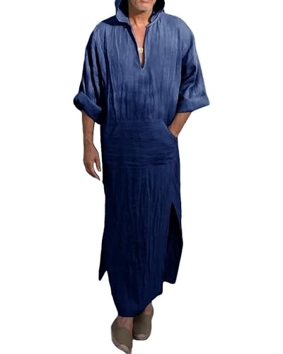 YAOHUOLE Herren V-Ausschnitt Kurzarm Robe Side Split Kaftan Thobe mit Taschen Freizeithemd, 02 marineblau-lange Ärmel, XX-Large von YAOHUOLE
