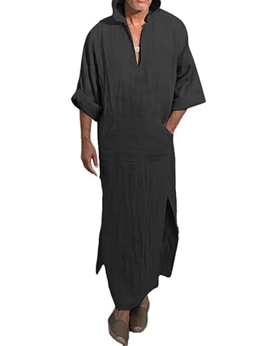 YAOHUOLE Herren V-Ausschnitt Kurzarm Robe Side Split Kaftan Thobe mit Taschen Freizeithemd, 02 schwarz - lange Ärmel, X-Large von YAOHUOLE