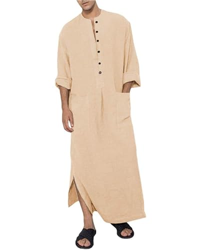 YAOHUOLE Herren Kaftan Leinen Herren Nachthemd Herren Lose Thobe Side Split mit Tasche Khaki 2XL von YAOHUOLE