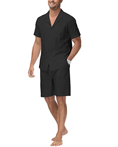 YAOHUOLE Herrenhemd und Shorts aus Baumwollleinen, 2-teiliges Outfit-Set, lässige Sommerkleidung, Urlaub, Strand, Hochzeit, Anzüge, Schwarz , XL von YAOHUOLE