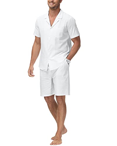 YAOHUOLE Herrenhemd und Shorts aus Baumwollleinen, 2-teiliges Outfit-Set, lässige Sommerkleidung, Urlaub, Strand, Hochzeit, Anzüge, weiß, XXL von YAOHUOLE