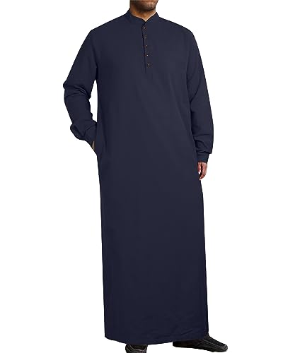 YAOHUOLE Kaftan Herren Lang Thobe Herren Kaftan Herren Leinen Langarm Comfort Fit Dunkelblau 2XL von YAOHUOLE