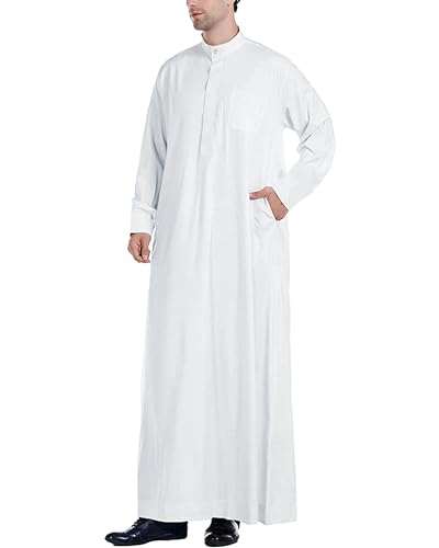 YAOHUOLE Lang Herren Kaftan Langarm Männer Thobe Lang Kaften Männer mit Taschen Hell Weiß 3XL von YAOHUOLE