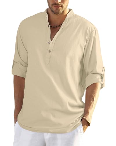 YAOHUOLE Langarm Leinenhemd Herren Stehkragen Strandhemd Freizeithemden Für Herren Sommerhemd Herren Khaki L von YAOHUOLE