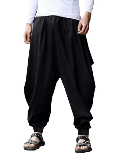 YAOHUOLE Leinen Freizeithose Herren Casual Strandhose Herren Baggy Haremshose Herren Japanisch Schwarz XL von YAOHUOLE