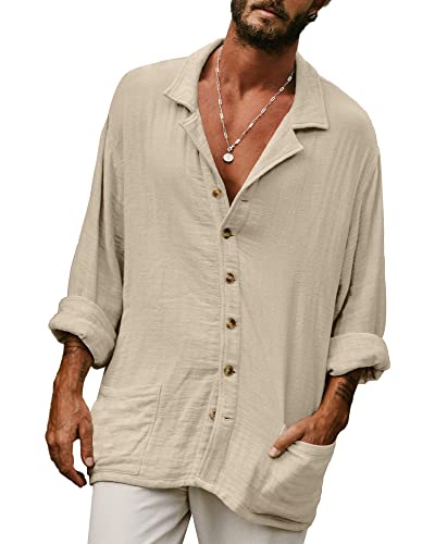 YAOHUOLE Leinen Hemd Herren Henley Hemden Herren Langarm Sommerhemd Herren Langarm Khaki XL von YAOHUOLE