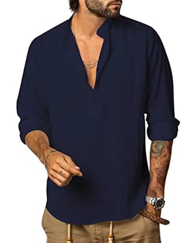 YAOHUOLE Leinen Hemd Herren Regular Fit Sommerhemd Herren Langarm Freizeithemden Herren Navy 2XL von YAOHUOLE