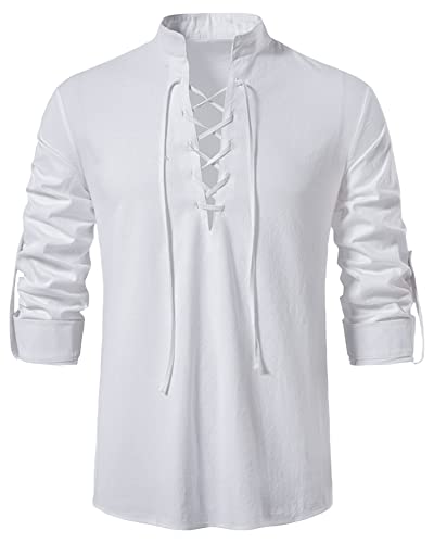 YAOHUOLE Gothic Shirt Pirat Herren Langarm Hemden Herren Regular Fit Hemd Leinen Herren Weiß L von YAOHUOLE