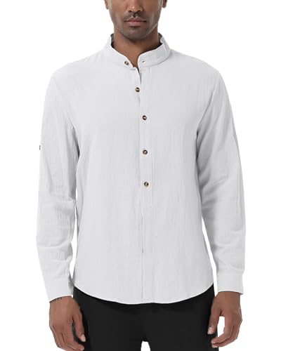 YAOHUOLE Leinen Henley Hemd Herren Langarm Oberhemden Herren Comfort Fit Sommerhemd Herren Weiß M von YAOHUOLE