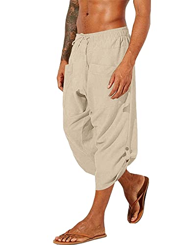 YAOHUOLE Leinen Hose Herren Kurz 3/4 Herrenshorts Leinen Freizeit Hose Herren Leinen Kurz Sommershorts für Herren Khaki 2XL von YAOHUOLE