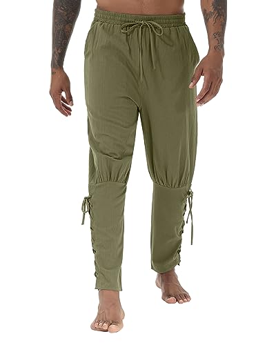 YAOHUOLE Leinen Hose Herren Lang Wikinger Hose Herren Mittelalter Sommer Hose Herren Mitteralter Armeegrün 3XL von YAOHUOLE