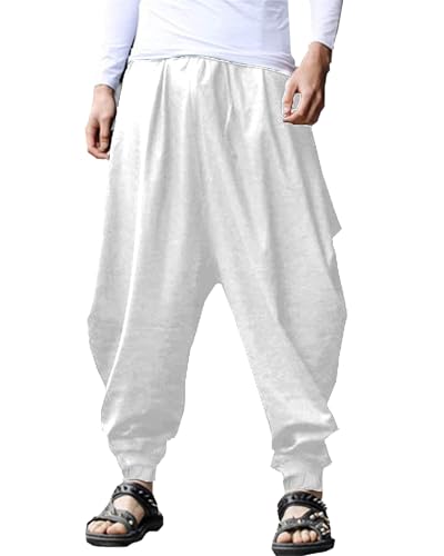 YAOHUOLE Leinen Hose Herren Strandhose Herren Lang Herren Casual Haremshosen Weiß XL von YAOHUOLE