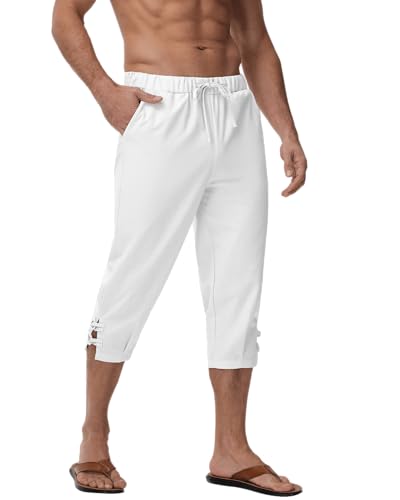 YAOHUOLE Leinen Shorts Herren 3/4 Herren Caprihose Sommer 3/4 Shorts Herren Leinen Lang Weiß 3XL von YAOHUOLE