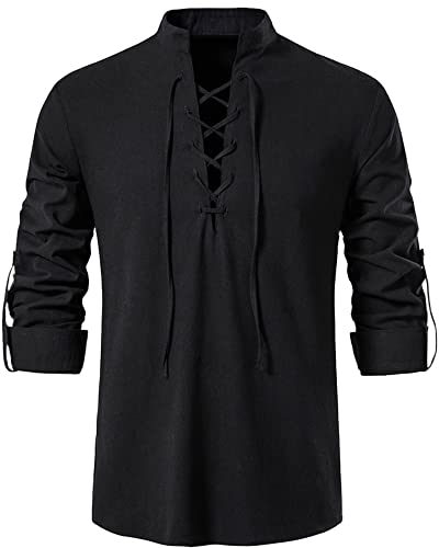 YAOHUOLE Leinenhemd Herren Baumwolle Klassisch Schnürung Langarm Freizeithemd Schottisches Ghillie Shirt, Schwarz , 3XL von YAOHUOLE