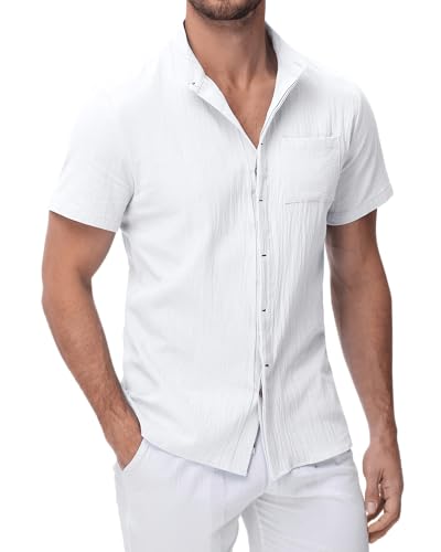 YAOHUOLE Leinenhemd Herren Kurzarm Freizeithemd Herren Herren Strandhemd Oberhemden Herren Weiß 3XL von YAOHUOLE