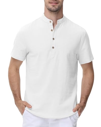 YAOHUOLE Leinenhemd Herren Slim Fit Hemd Stehkragen Herren Leinen Freizeithemden Für Herren Weiß L von YAOHUOLE