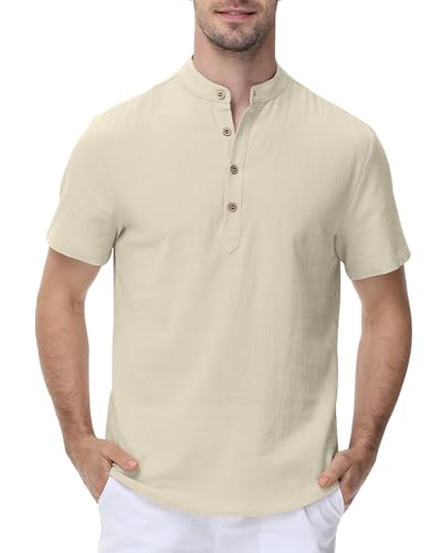 YAOHUOLE Leinenhemd Herren Sommer Hemd Stehkragen Herren Leinen Freizeithemden Für Herren Leinen Sommerhemd Khaki 3XL von YAOHUOLE