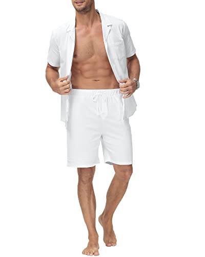 YAOHUOLE Outfits für Herren Baumwolle 2-teilige Outfits Langarm Leinenhemd und lässige Strandleinen Hose für Urlaub Weiß L von YAOHUOLE