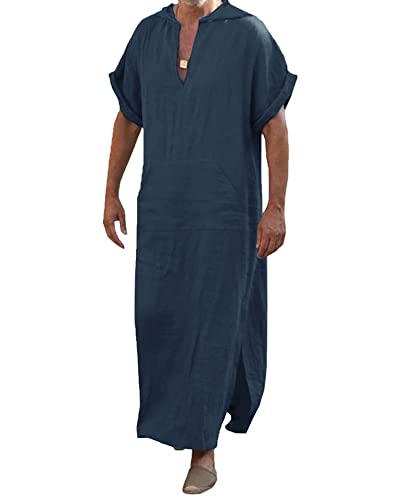 YAOHUOLE Sommer Kaftan Herren Herren Baumwolle Leinen Kurzarm Robe Seite Split Kaftan Thobe Blau 2XL von YAOHUOLE