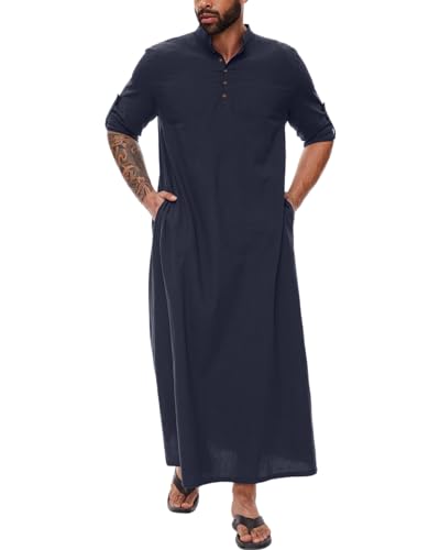 YAOHUOLE Sommer Kaftan Herren Thobe Herren Kaftan Langarm Robe Männer Thobe Dunkelblau 3XL von YAOHUOLE