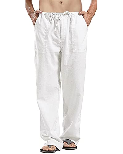 YAOHUOLE Sommerhose Herren Leicht Herren Casual Hosen Leinen Freizeithose Herren Weiß L von YAOHUOLE