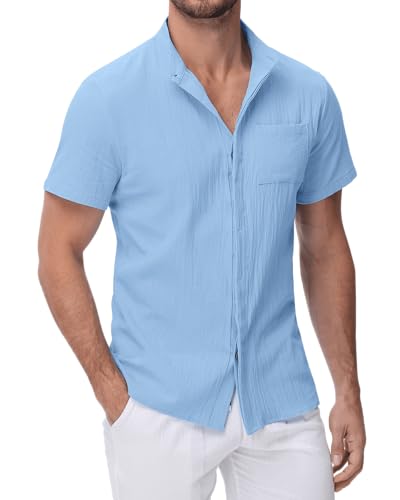 YAOHUOLE Strandhemd Herren Kurzarm Leinen Shirt Herren Oberhemden Herren Leinenhemd Freizeithemd Blau M von YAOHUOLE