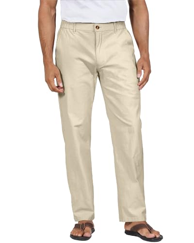 YAOHUOLE Strandhose Herren Lang Herren Leinenhose Leichte Sommerhose mit Taschen Khaki XL von YAOHUOLE