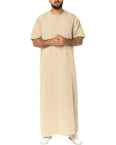 YAOHUOLE Thobe für Herren Baumwolle Leinen Rundhals Kaftan Kurzarm Islamische Lounge Abaya Roben mit Reißverschluss Leiste, Hellkhaki, L von YAOHUOLE