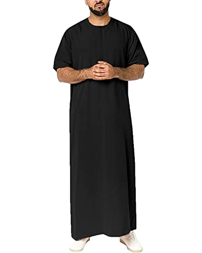 YAOHUOLE Thobes for Men Islam Kurzarm-Arabische Roben mit Tasche für Herren, Schwarz, Large von YAOHUOLE