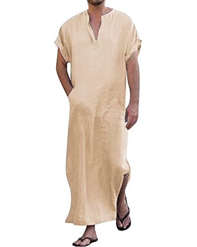 YAOHUOLE V-Ausschnitt Home Robe Leinen Kaftan Thobe Seite Split Caftan Khaki XL von YAOHUOLE