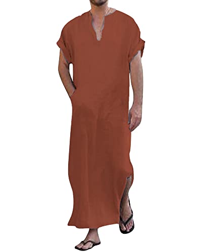 YAOHUOLE V-Ausschnitt Kaftan Thobe Side Split Caftan Robe Kurzarm Robe Ziegelrot M von YAOHUOLE