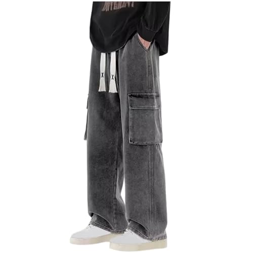 Freizeit Schlupfjeans Herren Elastische Bund Baggy-Jeans Schlanke Freizeitjeans mit Kordelzug High Waist Loose Jeans Gerade Jeanshose Casual Herrenjeans Einfarbige mit Taschen von YAOJIWANG