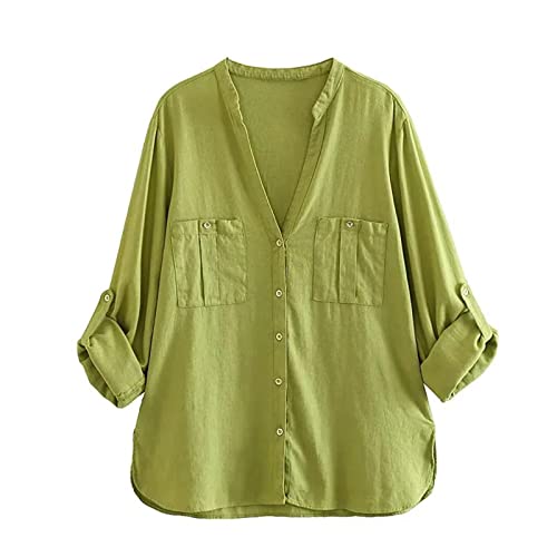 Leinenbluse Damen V-Ausschnitt 3/4 Roll Up Ärmel Causal Tunika Einfarbig Oberteile Locker Tops Button-Down Shirts Elegant Hemdbluse Musselin Lässig Sommerblusen Damenblusen Sale Clearance von YAOJIWANG