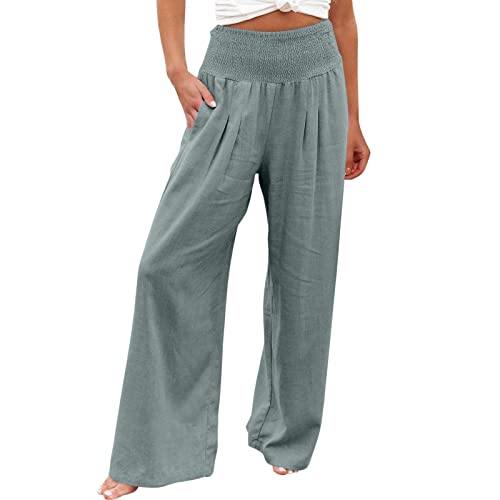 Leinenhose Damen Weites Bein Sommer Loose Lang Freizeithose Leinen Baumwolle High Waist Elastische Taille Leichte Palazzohose Sommerhose mit Taschen Boho Strandhose Jogginghose von YAOJIWANG