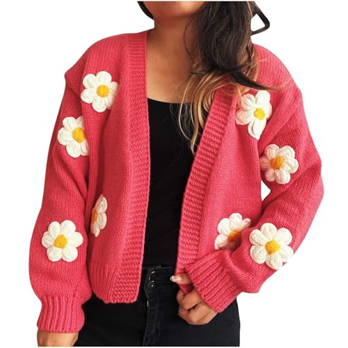 Pullover Damen Leichte Strickjacke Sweatshirt mit Floralen Applikationen Damenpullover Langarm Freizeit Cardigan Tops für Damen Strickpullover Lang Casual Damenbekleidung Einfarbig von YAOJIWANG