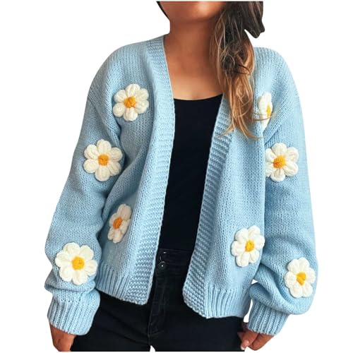 Pullover Damen Leichte Strickjacke Sweatshirt mit Floralen Applikationen Damenpullover Langarm Freizeit Cardigan Tops für Damen Strickpullover Lang Casual Damenbekleidung Einfarbig von YAOJIWANG