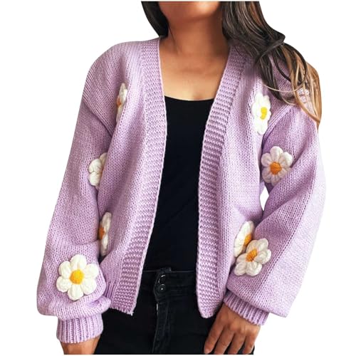 Pullover Damen Leichte Strickjacke Sweatshirt mit Floralen Applikationen Damenpullover Langarm Freizeit Cardigan Tops für Damen Strickpullover Lang Casual Damenbekleidung Einfarbig von YAOJIWANG