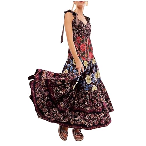 Sommerkleid Damen lang Damen Boho Strandkleid Sommerkleider Sundresses Gesmoktes A-Linie Ärmellos Maxikleid Krawatte Schulter Bohemian Blumen Kleider Y2K Floral Beach Freizeitkleid von YAOJIWANG