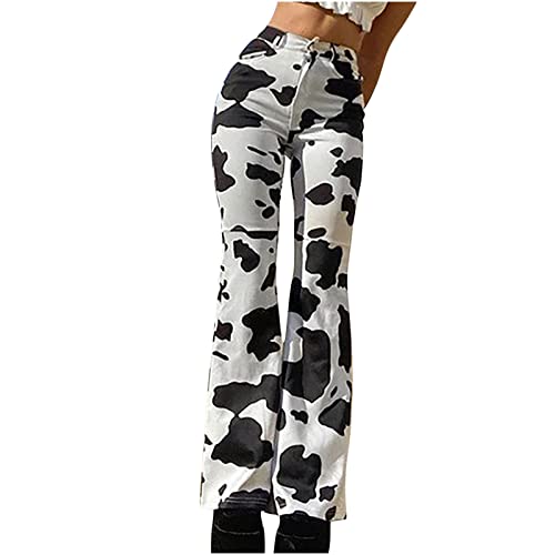 YAOJIWANG Damen Jeans Cargohosen Jeanshosen Schlagjeans Cargo Jeans Stretchjeans Modisches Kuhmuster Hohe Taille Denim-Hose mit Tasche Damenjeans Baggy Jeans Streetwear Angebot von YAOJIWANG