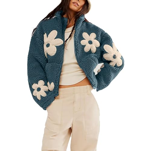 YAOJIWANG Fleece Winterjacke Damen Sale,Warm Wintermantel mit Blumen Druck Cropped TeddyFleece Jacke mit Zip Taschen Mode Lässig Sweatjacke Langarm Damenmantel Plüsch Jaken Outdoor Übergangsjacken von YAOJIWANG