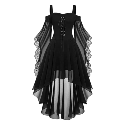 YAOJIWANG Halloween Gothic Kleider Spitzen Kleid Damen Schulterfrei Mittelalter Kleidung Chiffonkleid Damen Partykleid Elegant Spaghettiträger Renaissance Kleid Etuikleid Vintage Kleider von YAOJIWANG