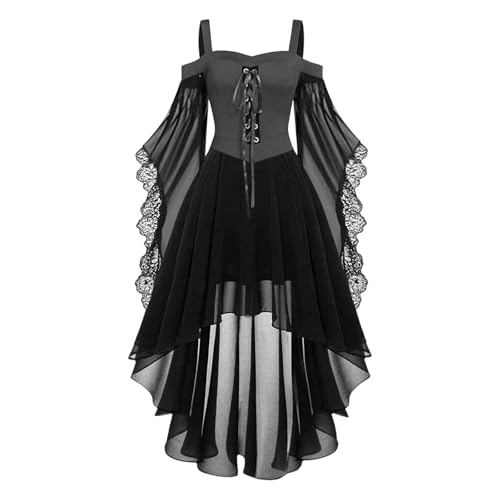 YAOJIWANG Halloween Gothic Kleider Spitzen Kleid Damen Schulterfrei Mittelalter Kleidung Chiffonkleid Damen Partykleid Elegant Spaghettiträger Renaissance Kleid Etuikleid Vintage Kleider von YAOJIWANG