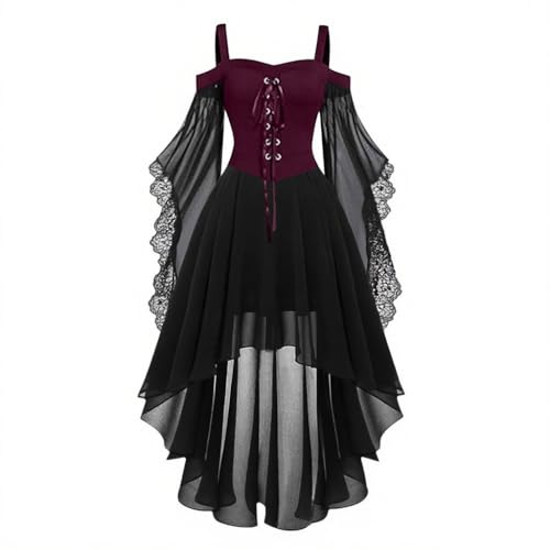 YAOJIWANG Halloween Gothic Kleider Spitzen Kleid Damen Schulterfrei Mittelalter Kleidung Chiffonkleid Damen Partykleid Elegant Spaghettiträger Renaissance Kleid Etuikleid Vintage Kleider von YAOJIWANG