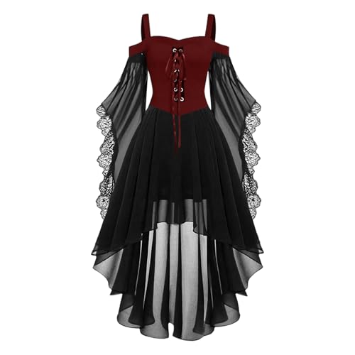 YAOJIWANG Halloween Gothic Kleider Spitzen Kleid Damen Schulterfrei Mittelalter Kleidung Chiffonkleid Damen Partykleid Elegant Spaghettiträger Renaissance Kleid Etuikleid Vintage Kleider von YAOJIWANG